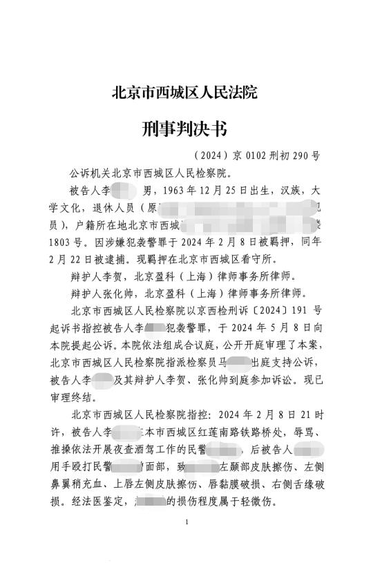 上海海关律师张化帅：李某某袭警案判决书